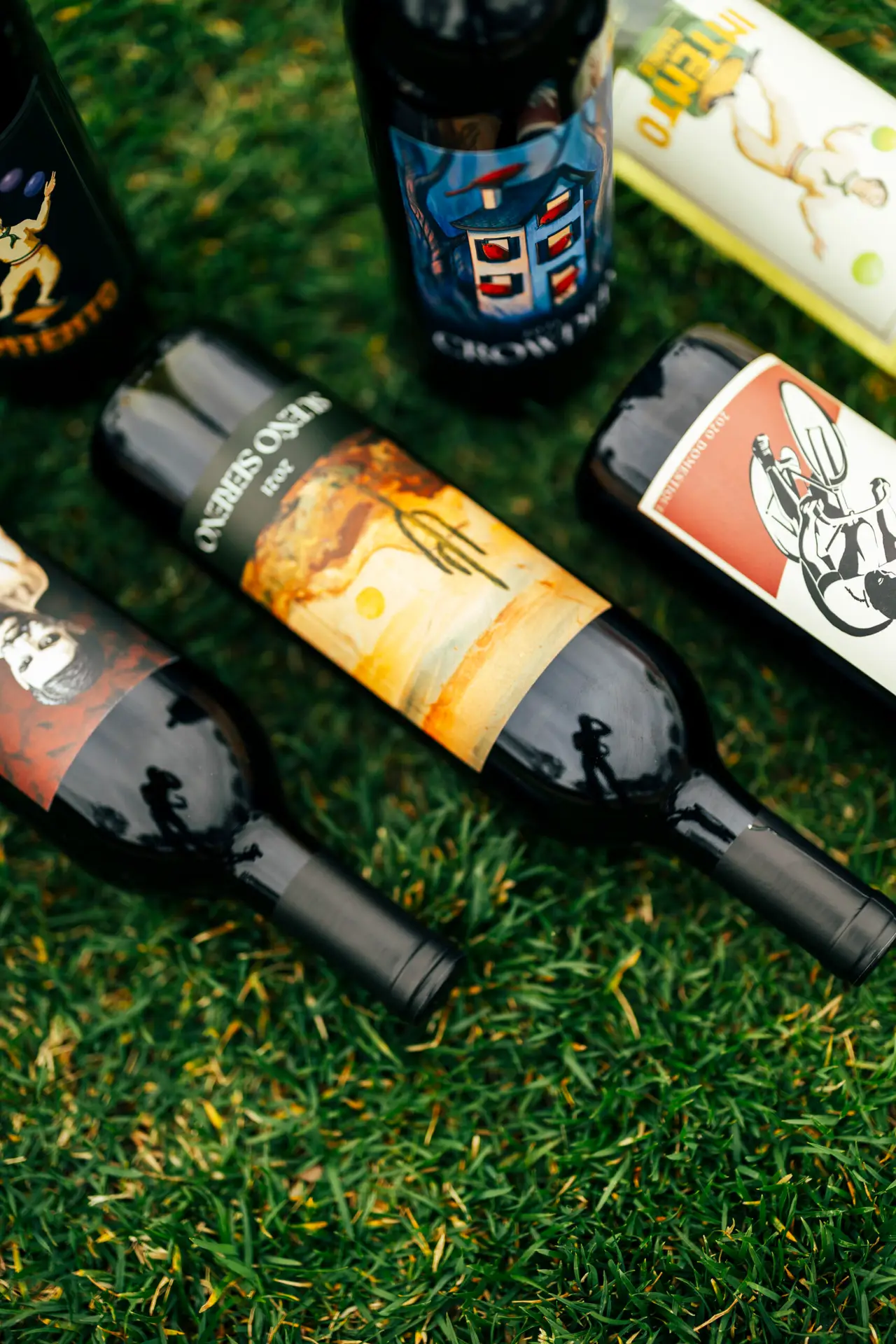 artwork portrayed on wine bottle labels laid across a grass area